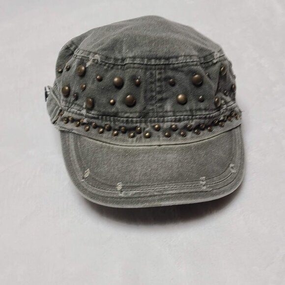Distressed Studded Military Style Cap Women's One Size Green Hat - Picture 3 of 11